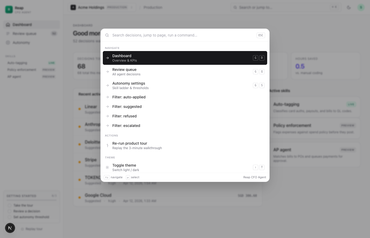 Command palette for artificial-intelligence chief-financial-officer operator actions.