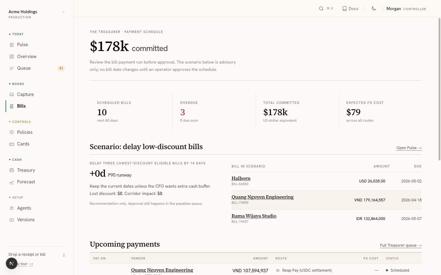 Bills page showing $178k committed across 10 scheduled bills, 3 overdue, and an FX-cost estimate of $79 across all routes; below, the AP-deferral scenario lists three low-discount bills with +0d runway impact.