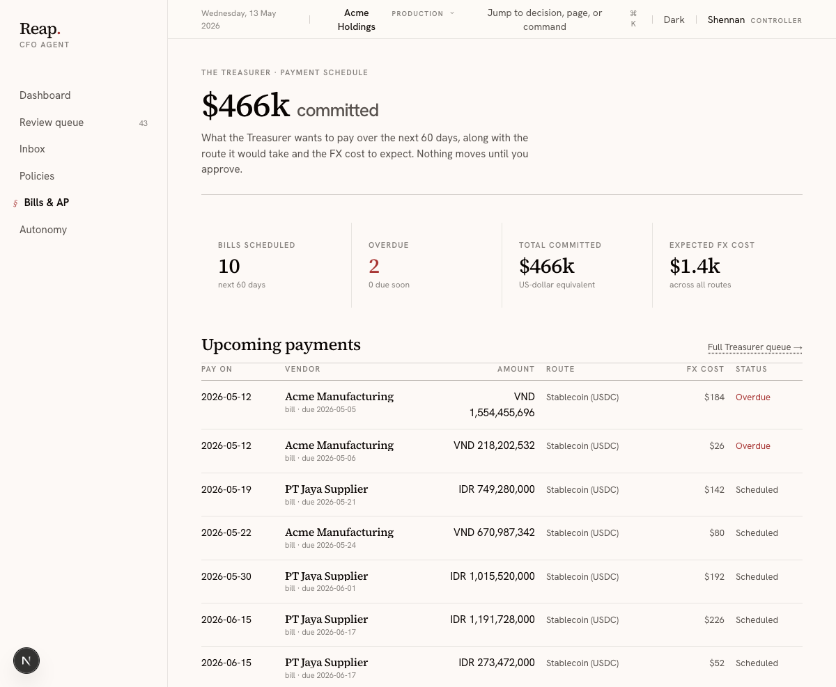 Bills page with scheduled accounts-payable outflows and funding signals.