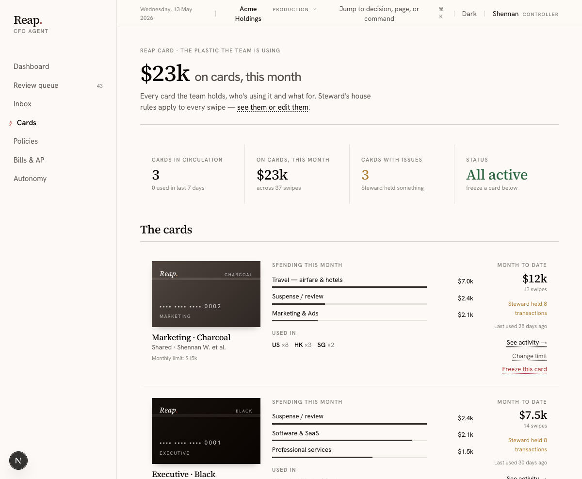 Card controls and spend-policy surface.
