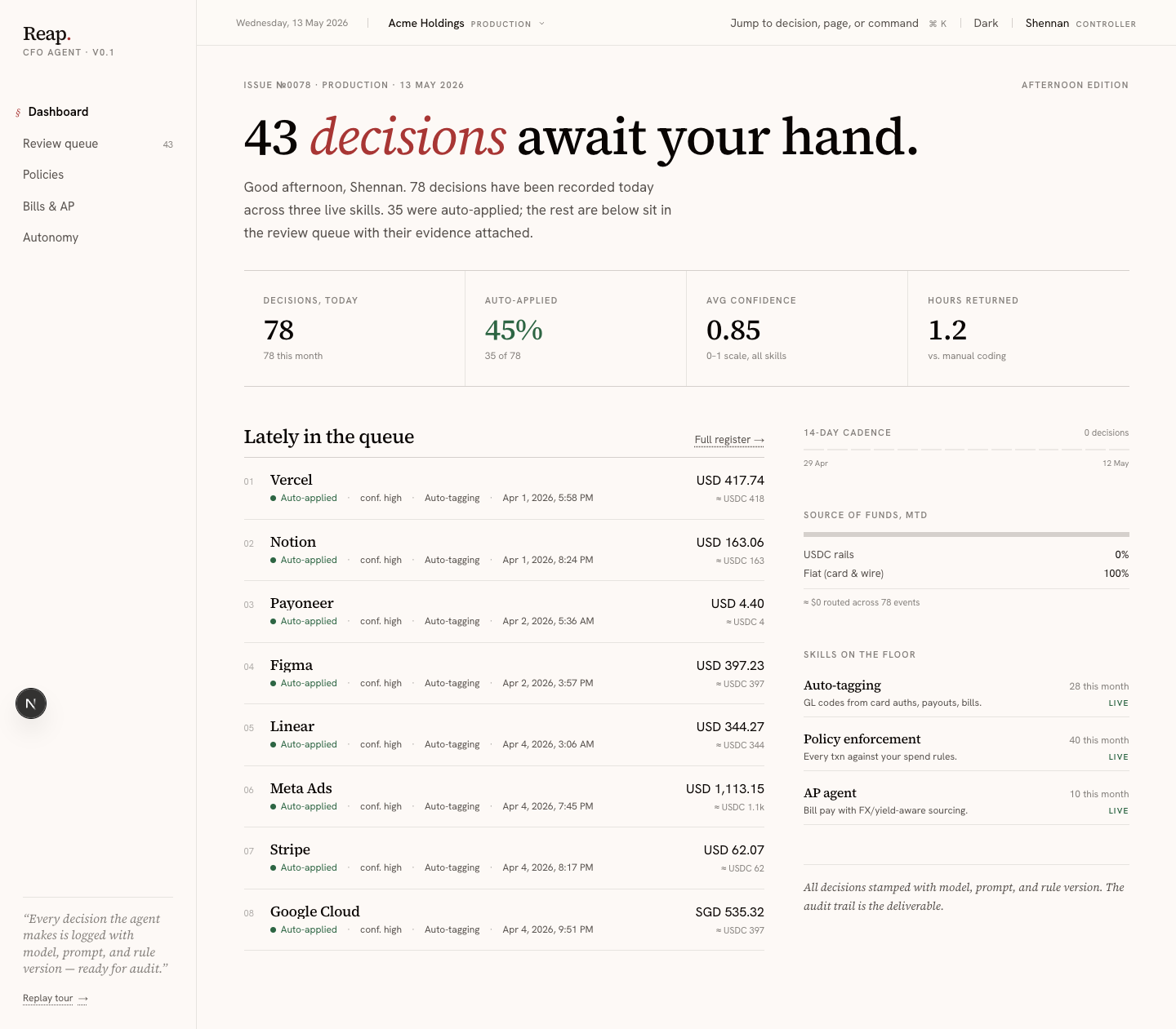 Dashboard with finance-agent summary metrics and decision register.