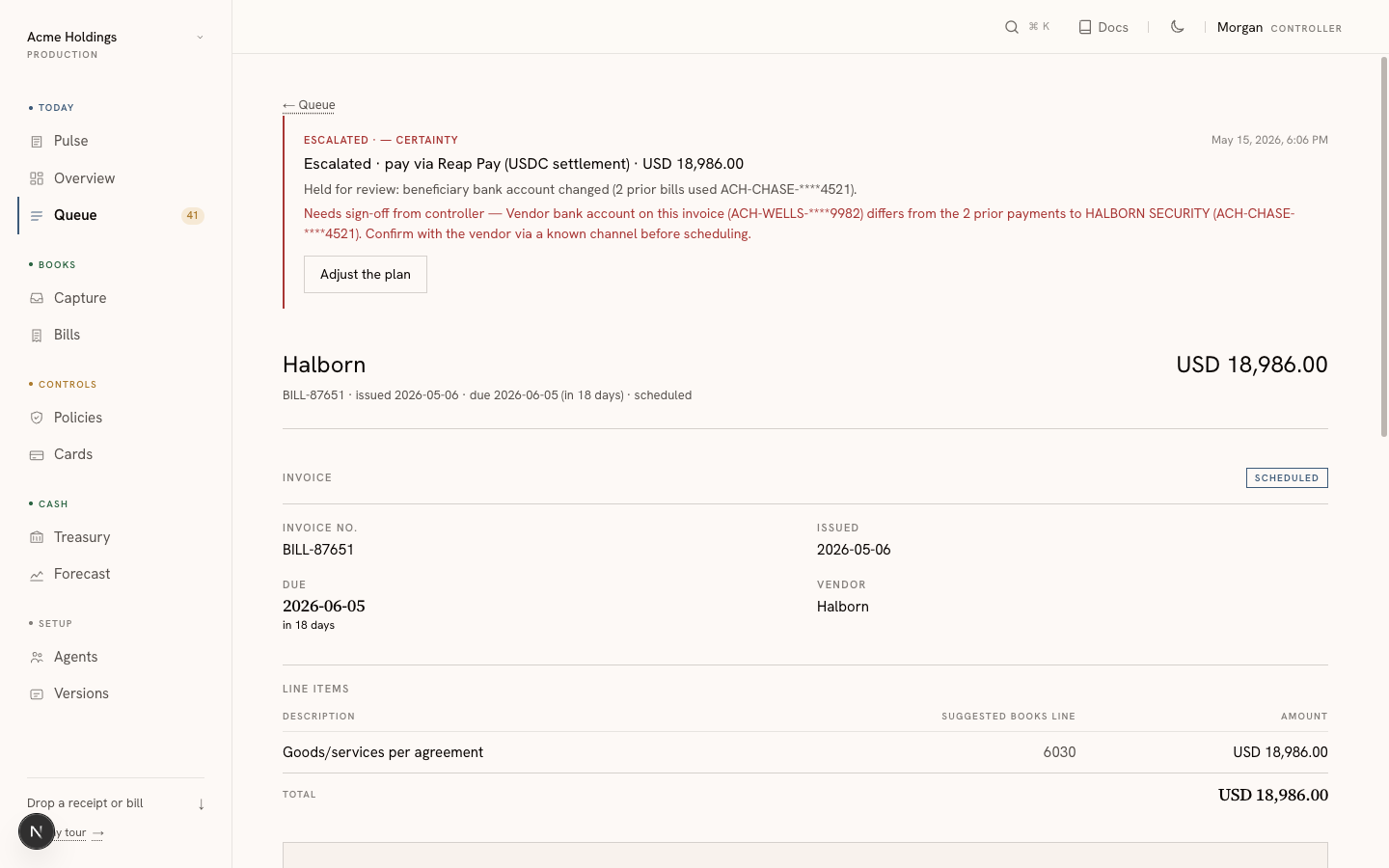 Halborn BILL-87651 escalated in the operator queue: red bar, escalate verdict, plain-English rationale citing the prior bank account and the new one.