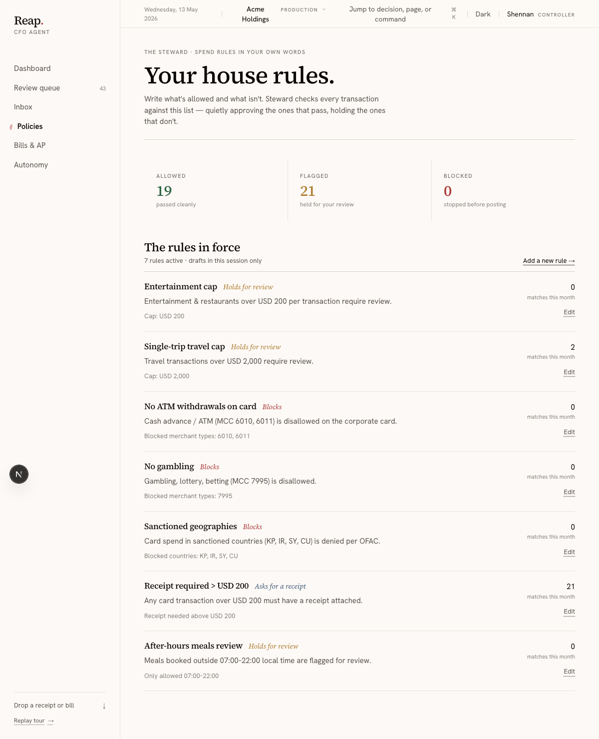 Policy editor showing policy bundle rules and simulator.